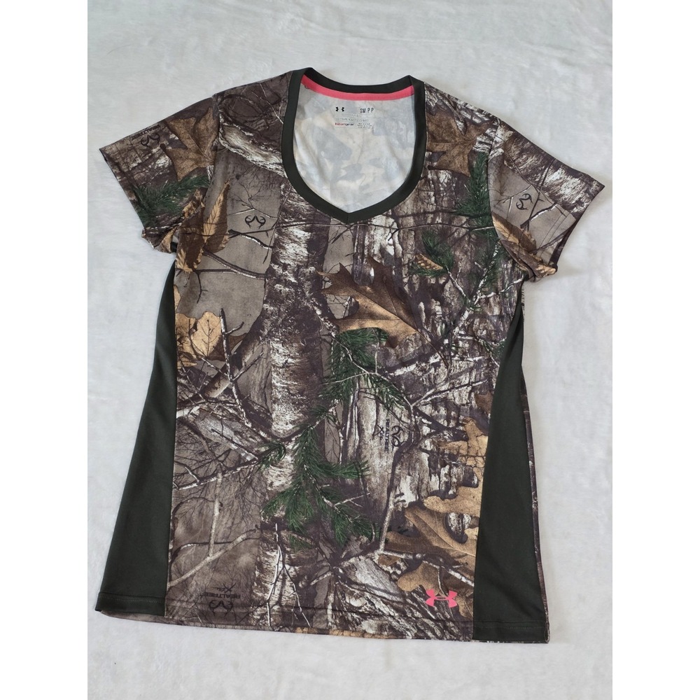 Under Armour Womens Small tech camo pink logo hunting fitted heatgear t shirt
